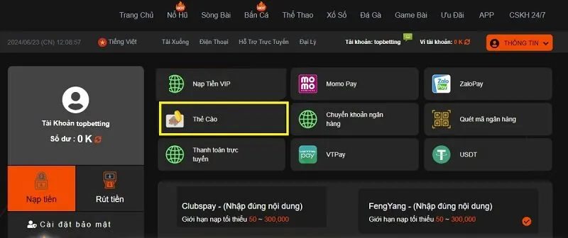 Nạp qua thẻ cào bảo mật cao